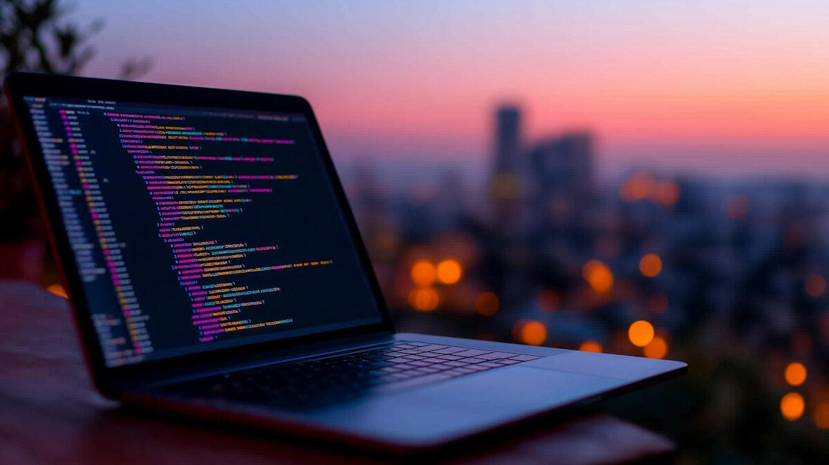 Laptop with code in front of city — hands-on CTO experience